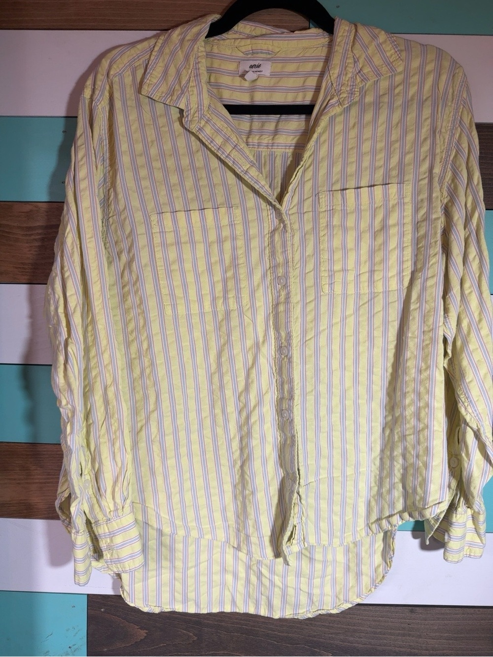 aerie Yellow and White Striped Button-Down Shirt with Purple Stripe